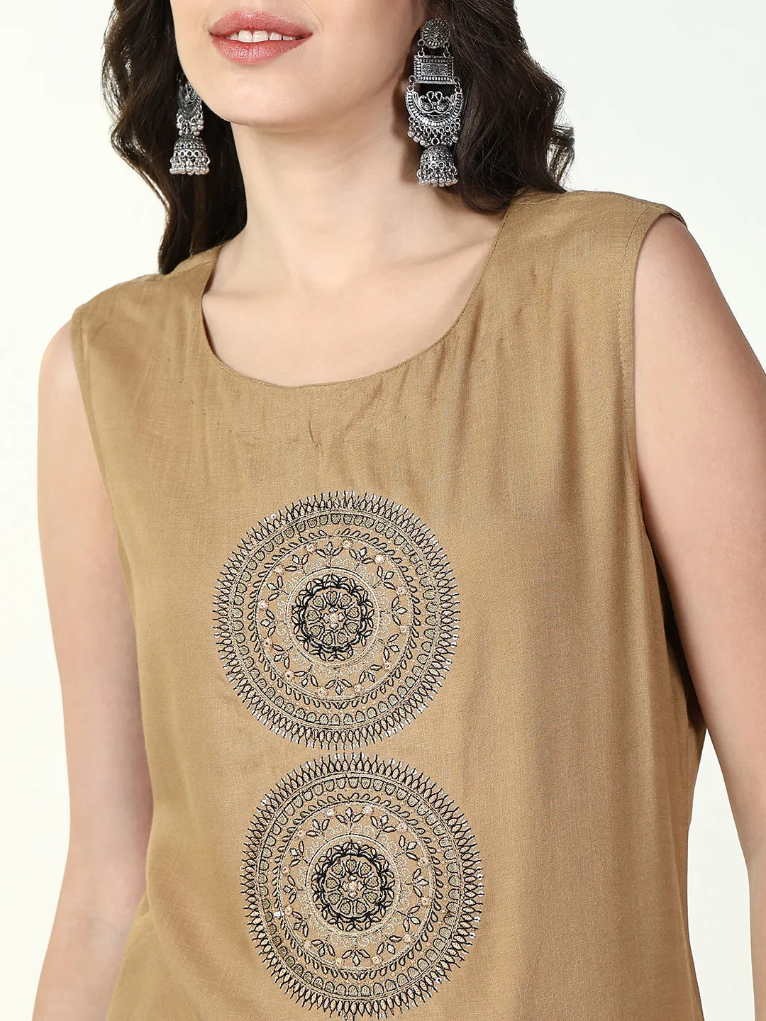 Women Beige Solid A Line Kurta with Coat