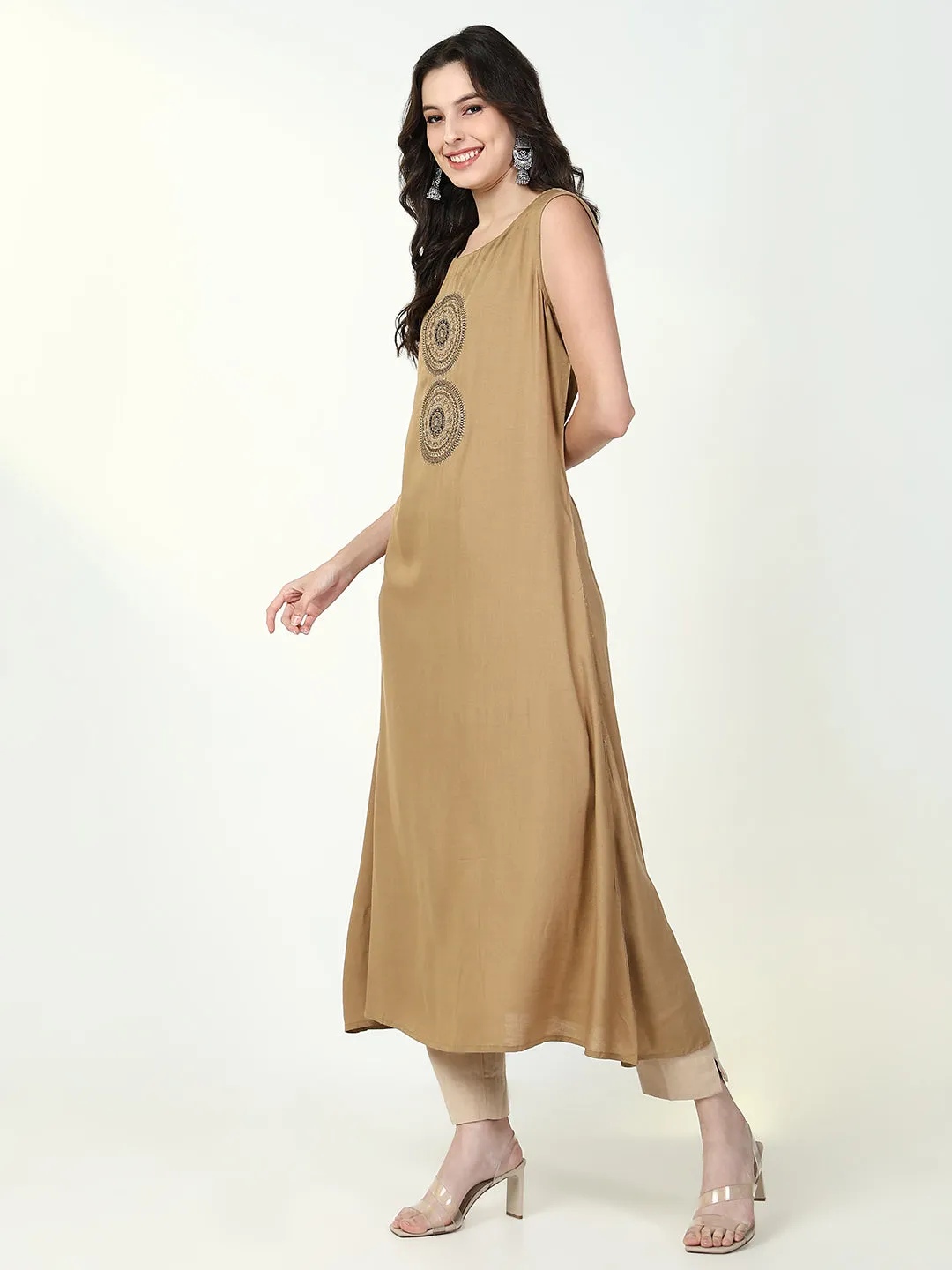 Women Beige Solid A Line Kurta with Coat