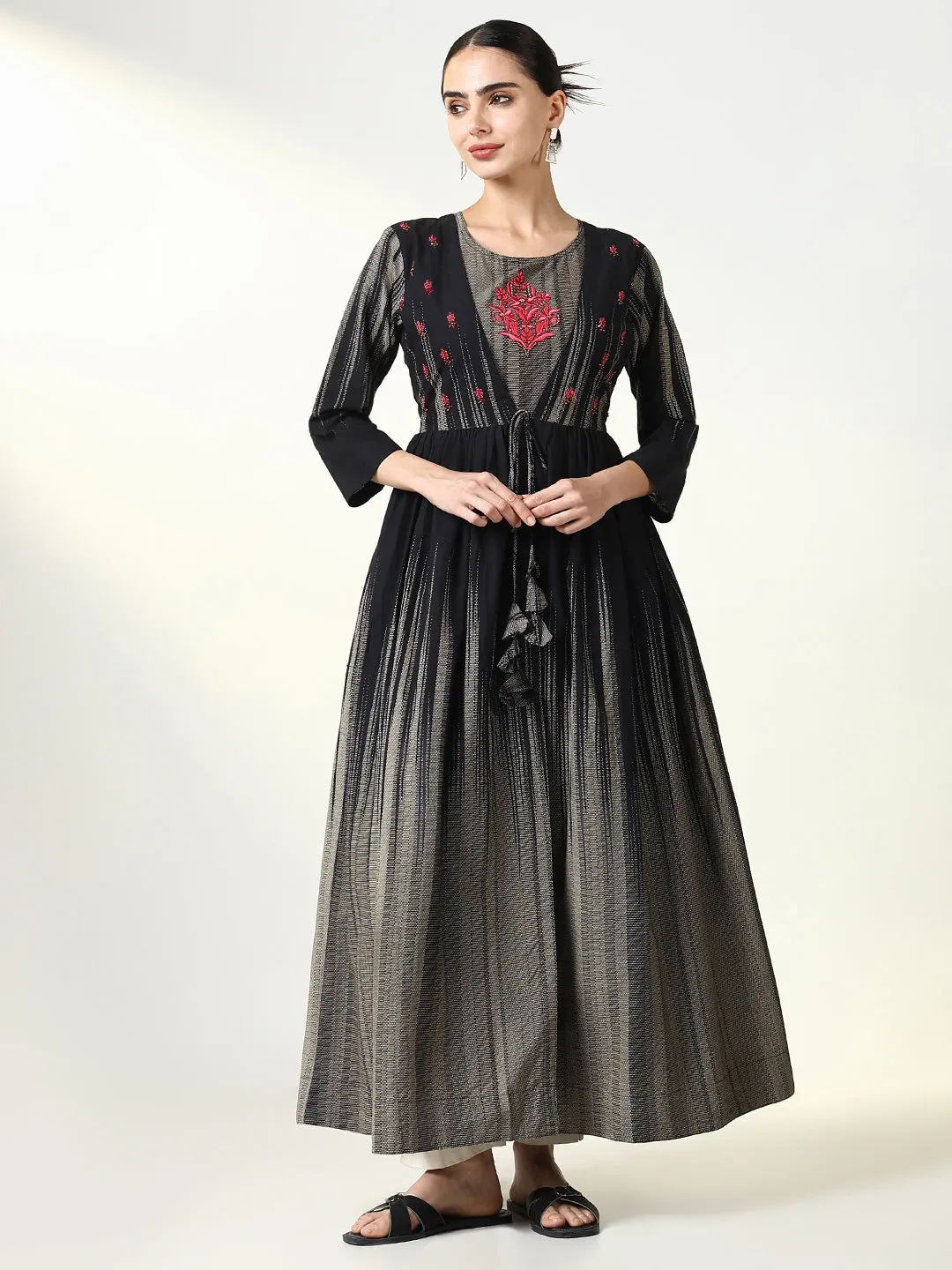 Women Black Abstract A Line Kurta with Overcoat