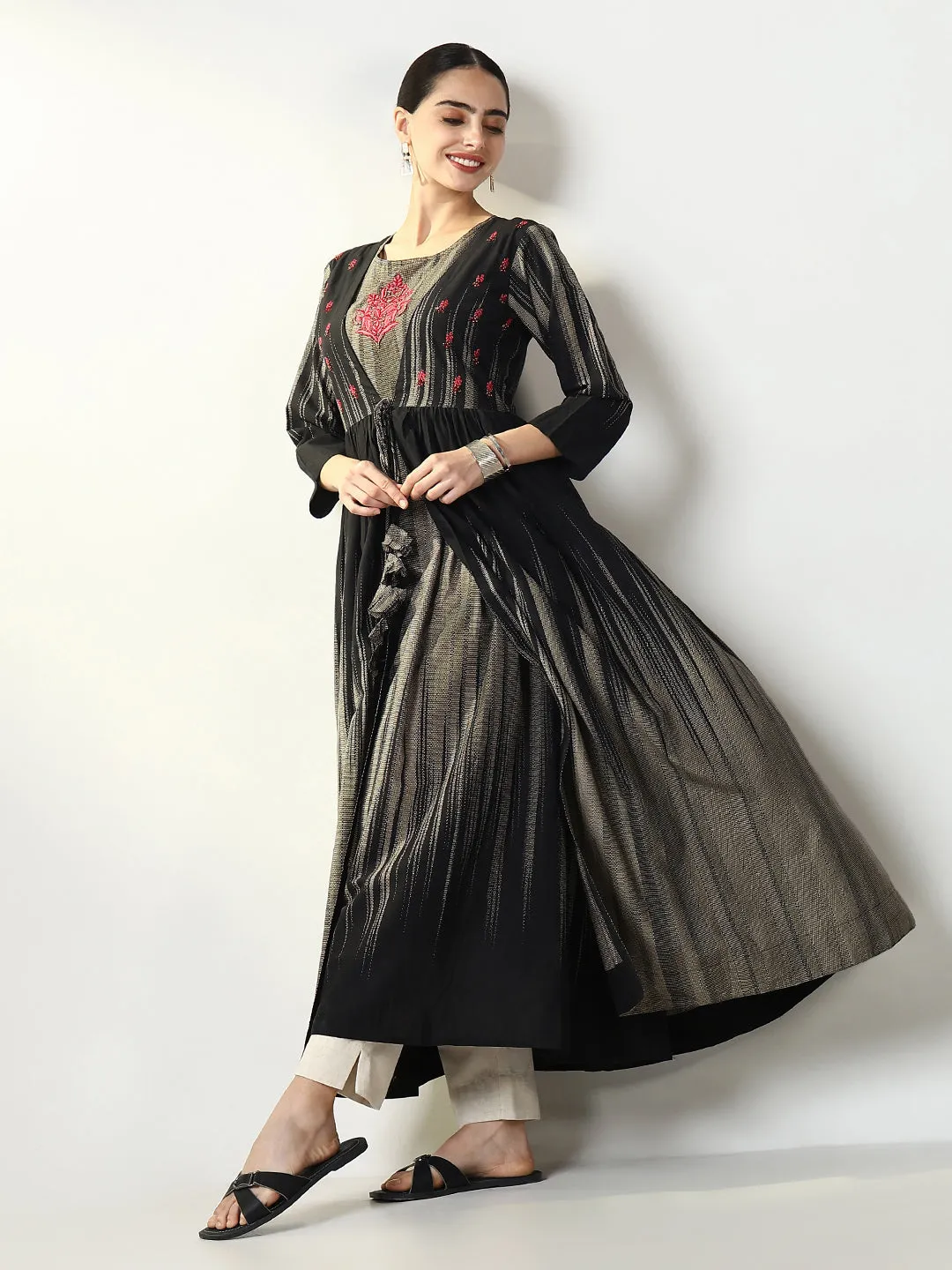 Women Black Abstract A Line Kurta with Overcoat