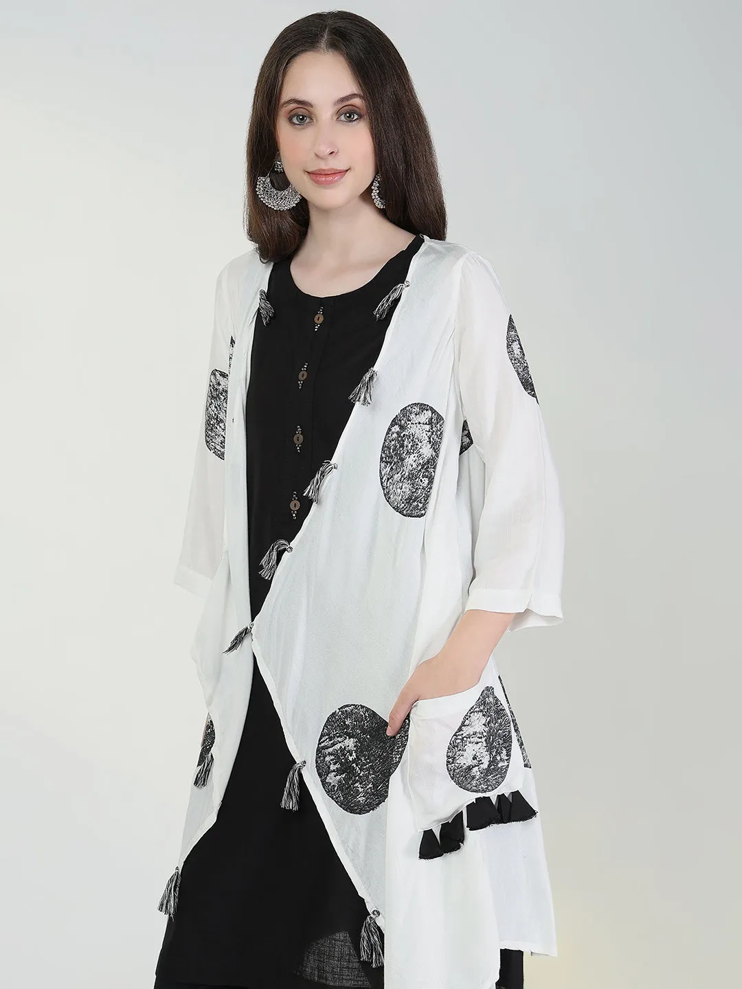 Women Black Solid A Line Kurta with Coat