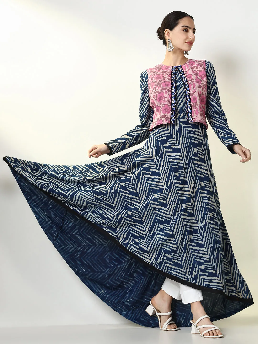 Women Blue Abstract Anarkali Kurta with Overcoat