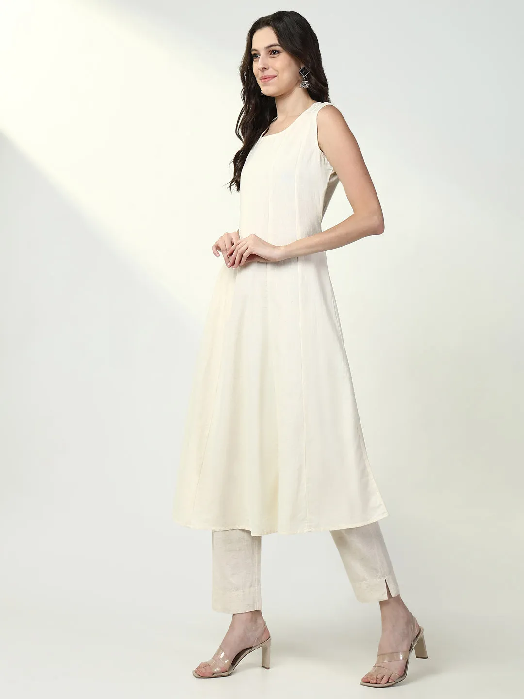 Women Cream Solid A Line Kurta with Coat