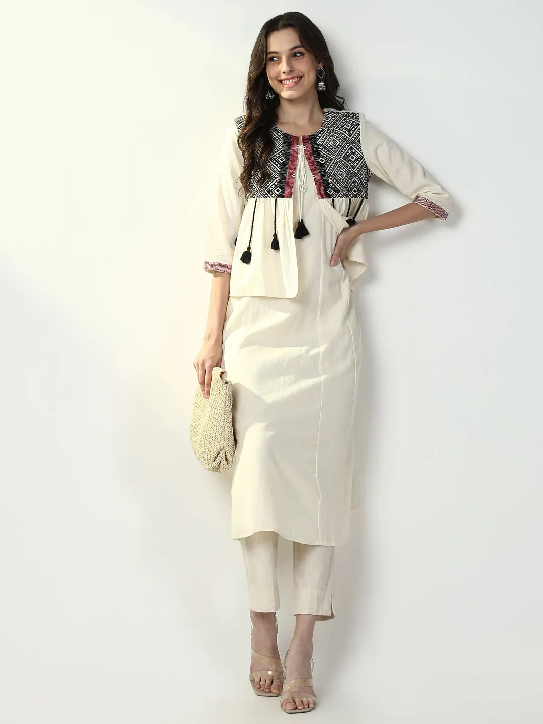 Women Cream Solid A Line Kurta with Coat