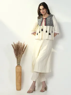 Women Cream Solid A Line Kurta with Coat