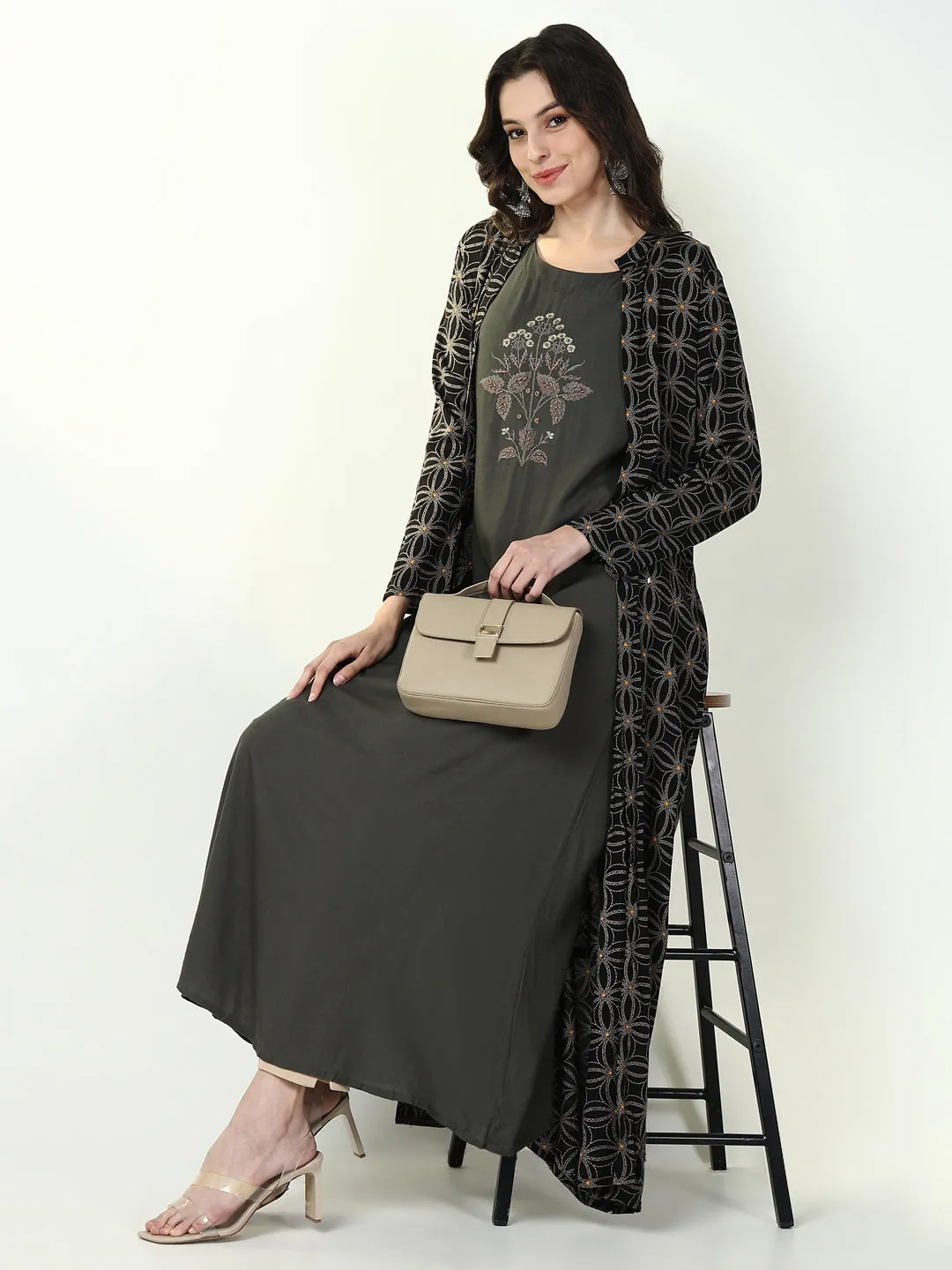 Women Green Solid A Line Kurta with Coat