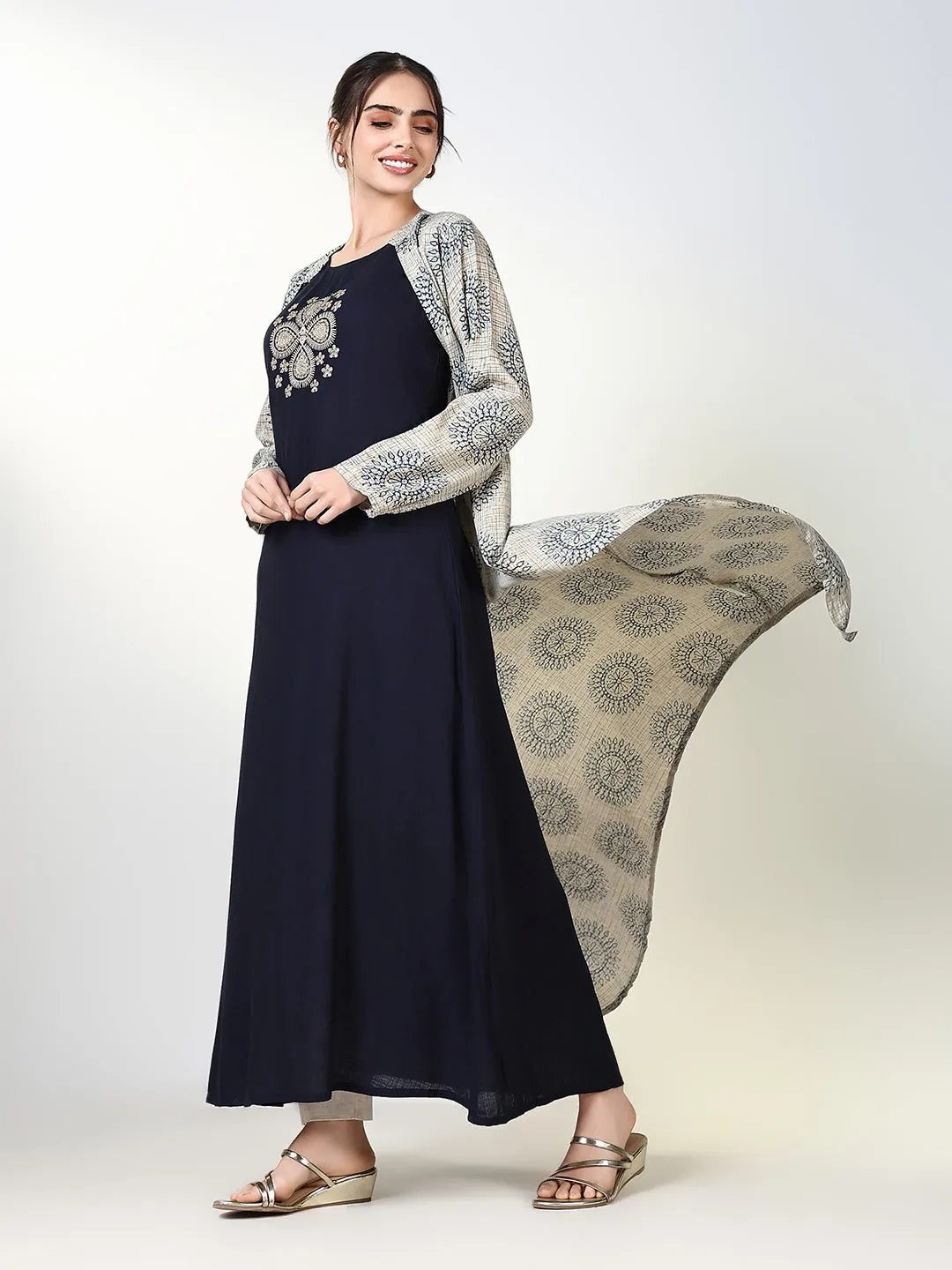 Women Navy Blue Solid A Line Kurta with Overcoat