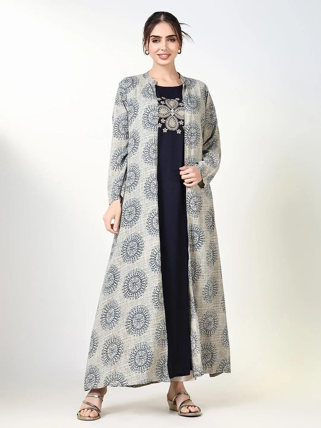 Women Navy Blue Solid A Line Kurta with Overcoat