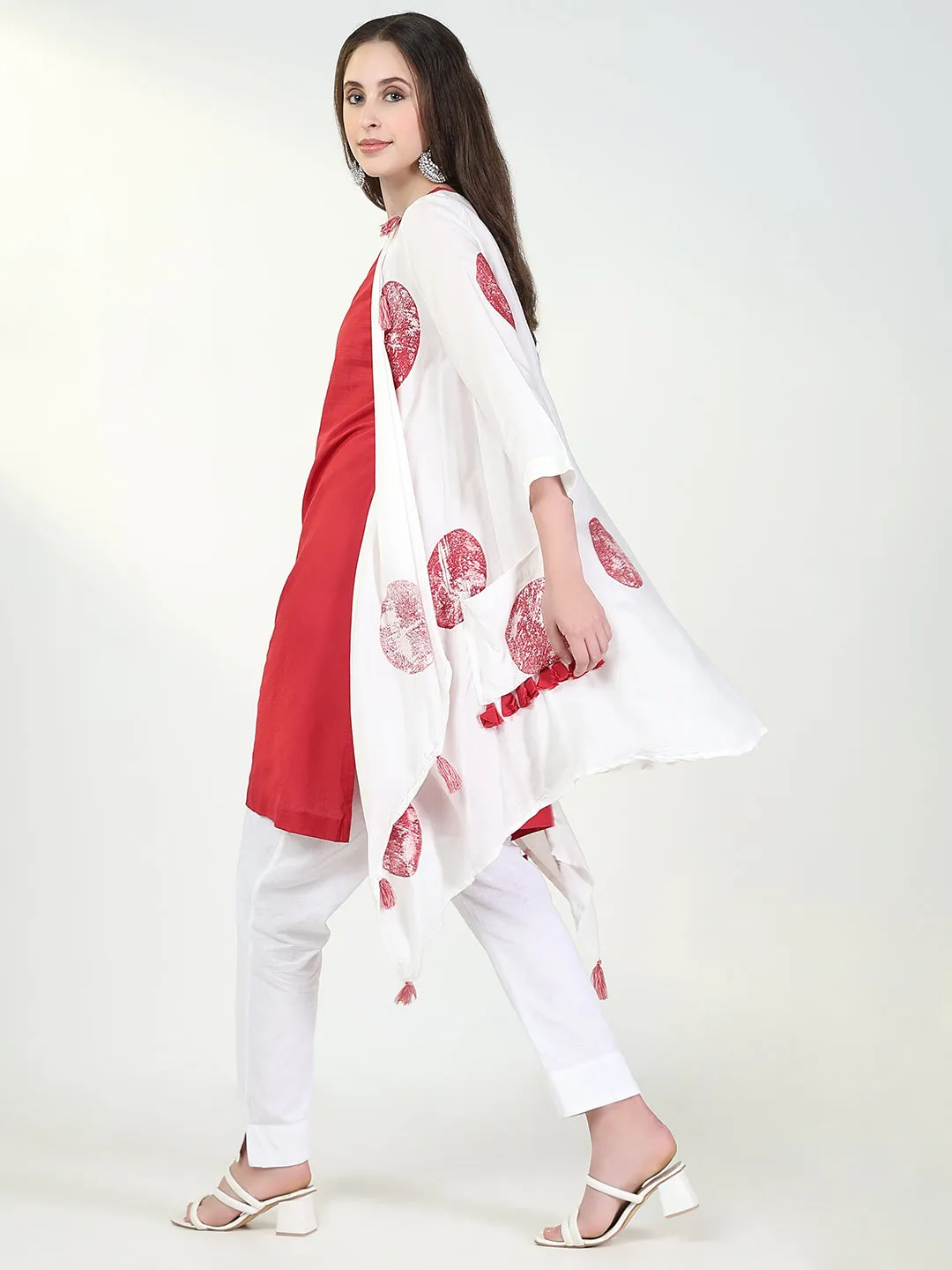 Women Red Solid A Line Kurta with Coat