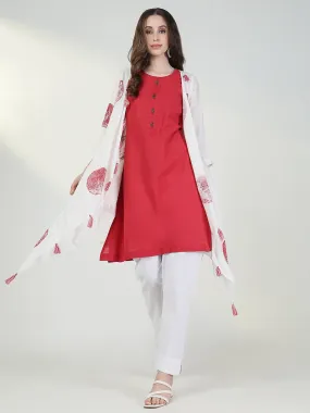 Women Red Solid A Line Kurta with Coat