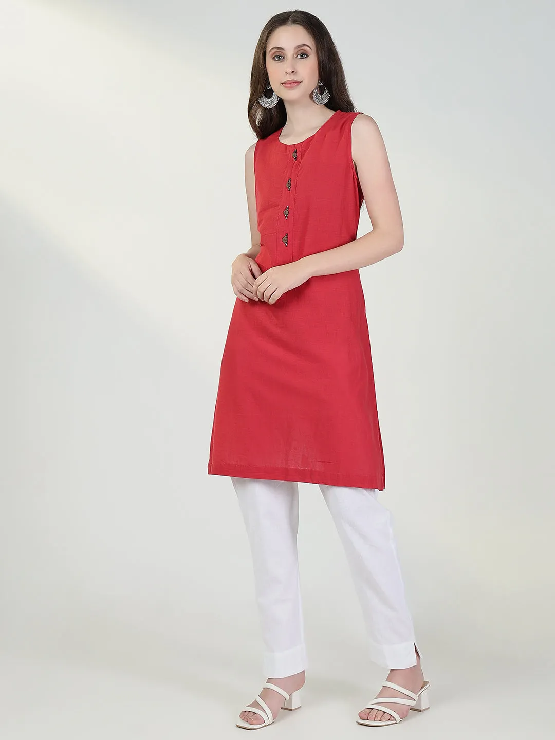 Women Red Solid A Line Kurta with Coat