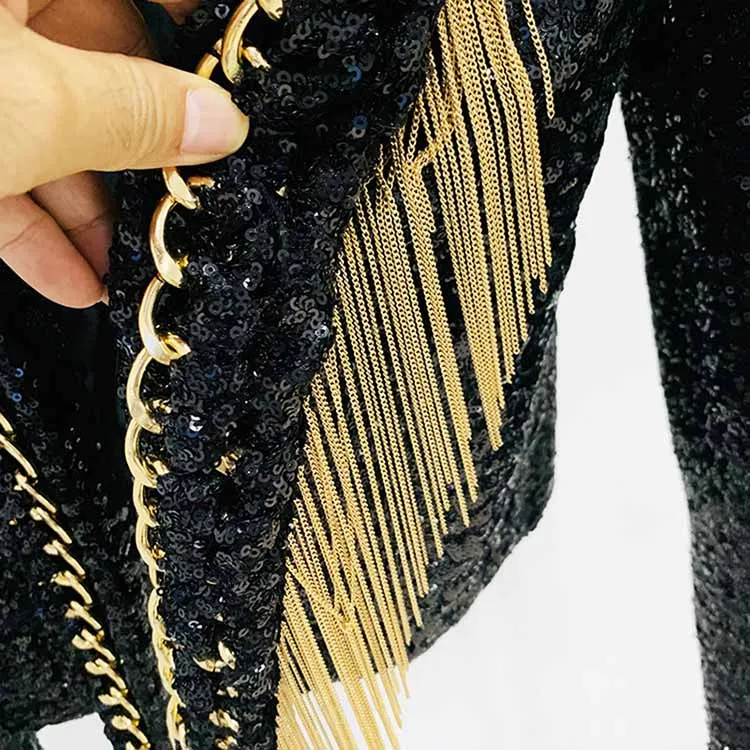 Women Sequin Tassel Chain Blazer Black Jacket