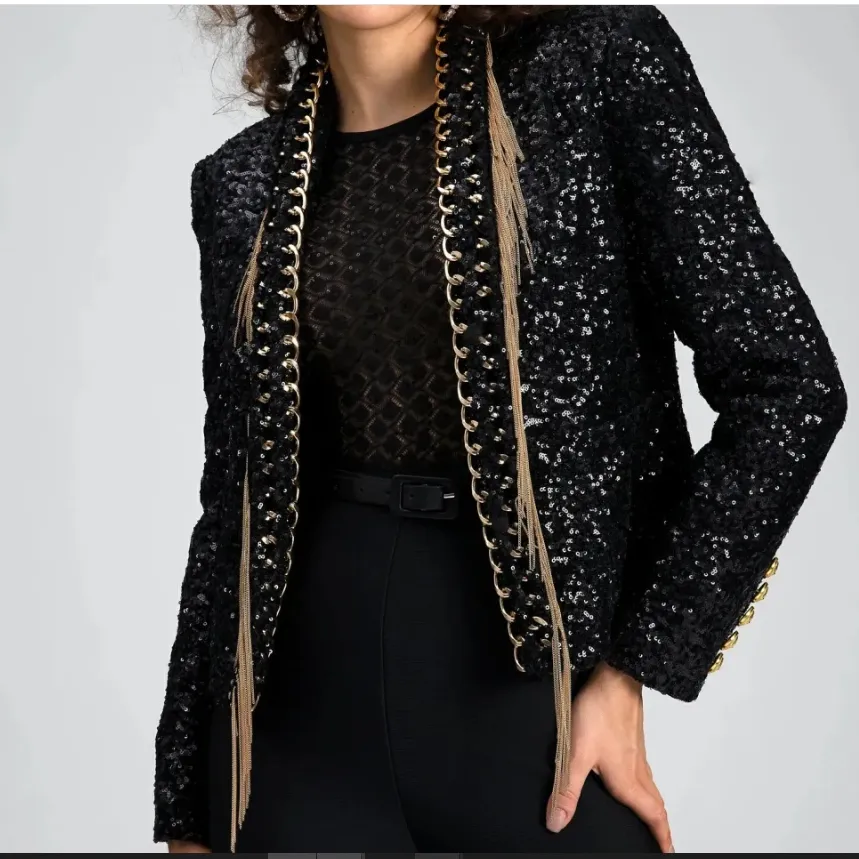 Women Sequin Tassel Chain Blazer Black Jacket