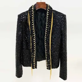 Women Sequin Tassel Chain Blazer Black Jacket