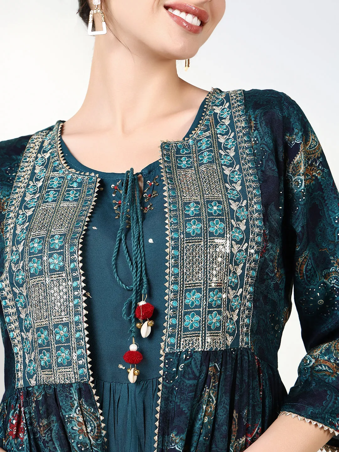 Women Teal Solid A Line Kurta with Overcoat