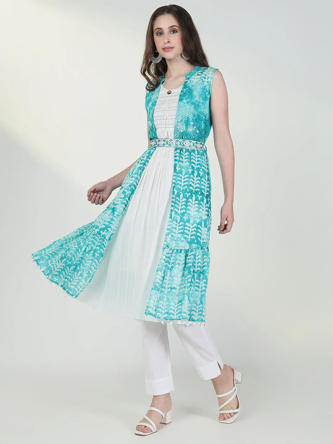 Women White Solid Kurta with Coat and Belt