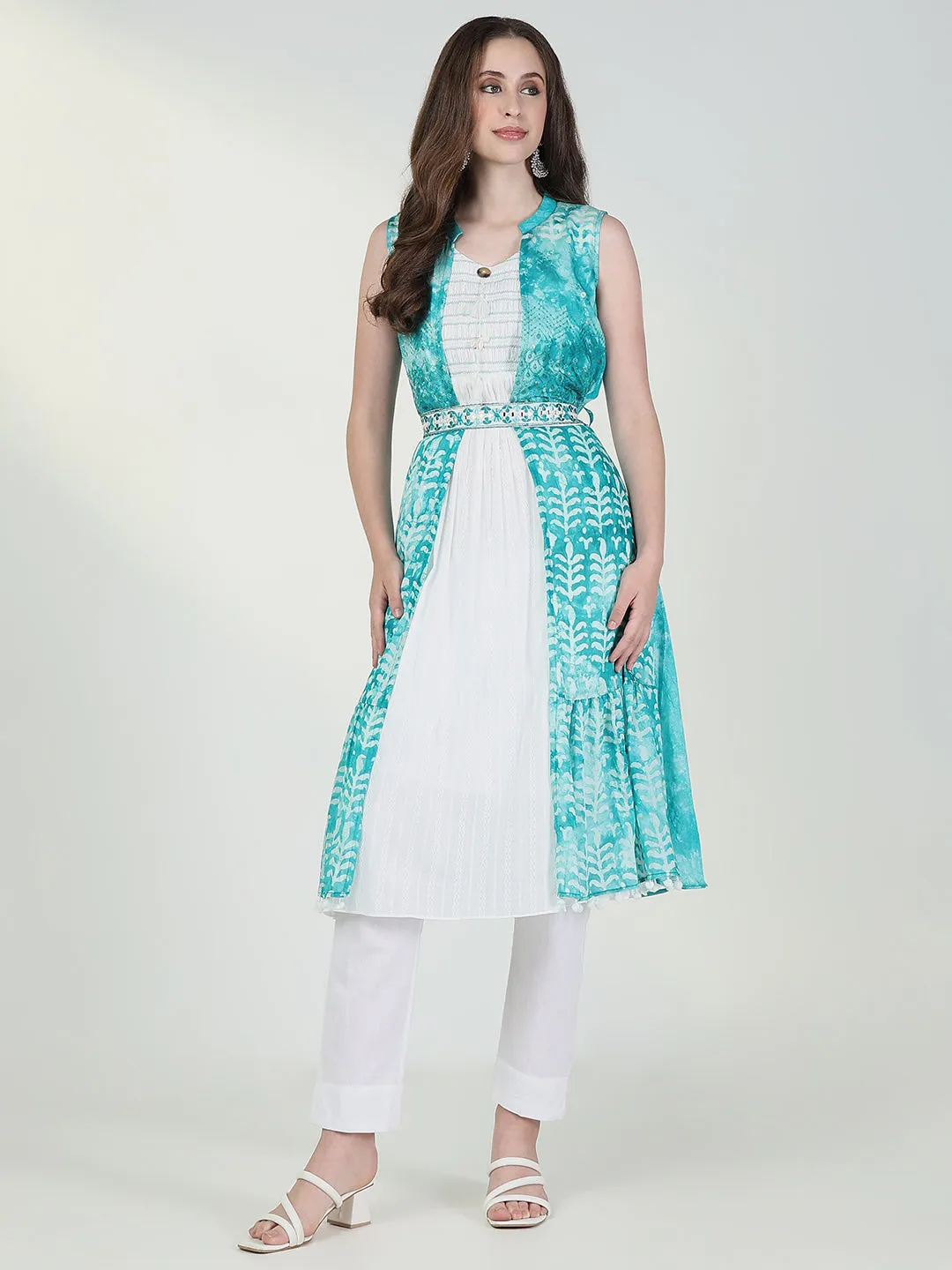 Women White Solid Kurta with Coat and Belt