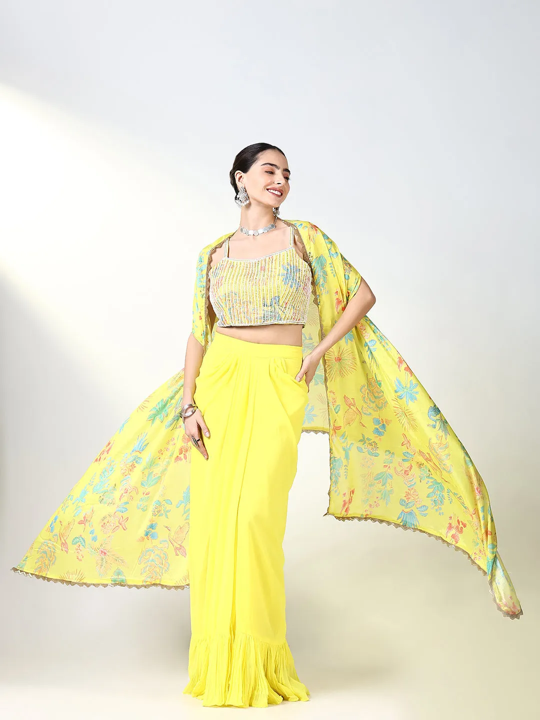 Women Yellow Embroidered Lehenga Choli with Overcoat