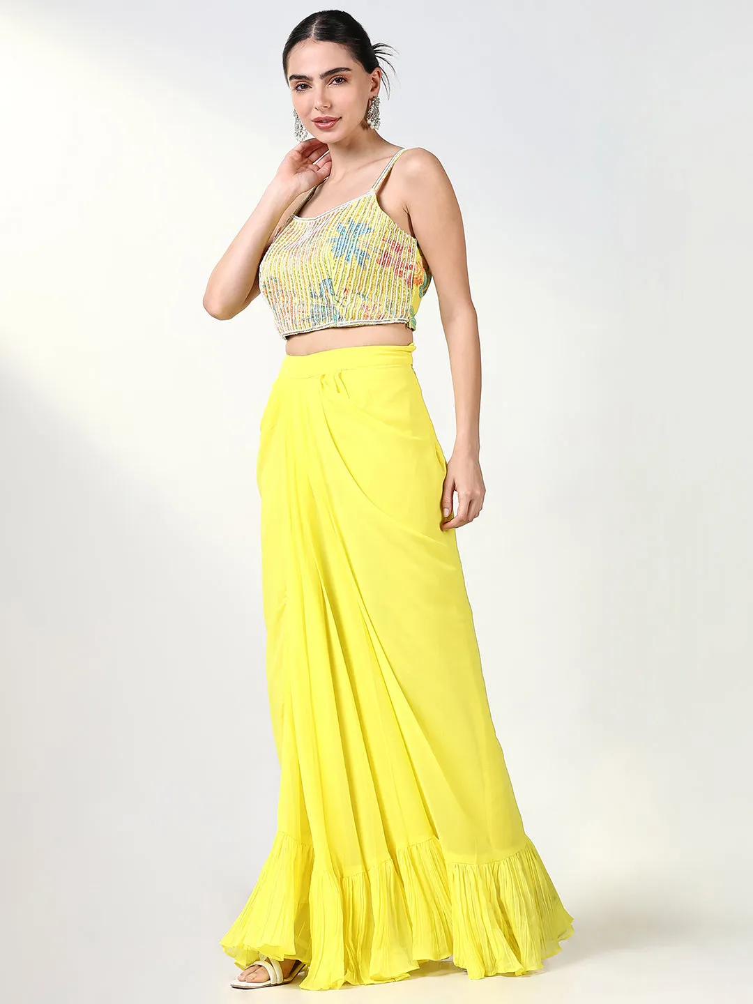 Women Yellow Embroidered Lehenga Choli with Overcoat