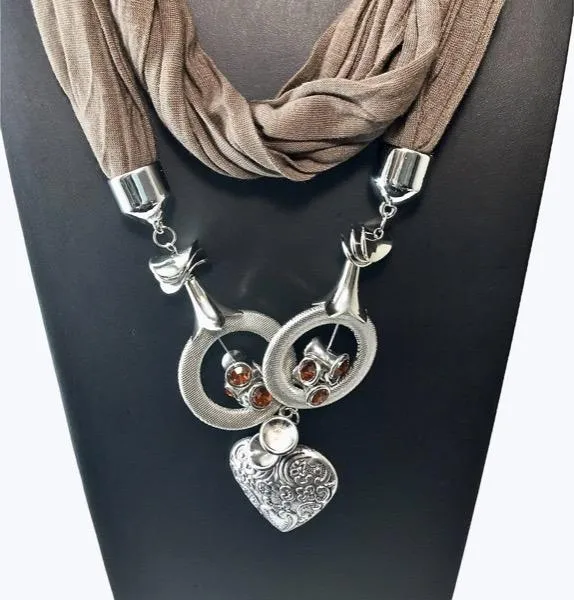 Womens Brown Scarf with Silver Pendant Jewelry