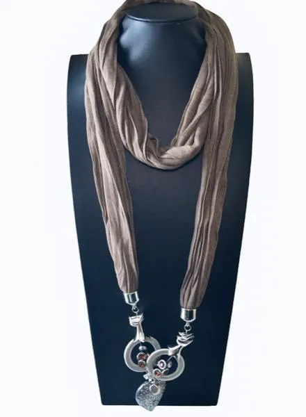 Womens Brown Scarf with Silver Pendant Jewelry