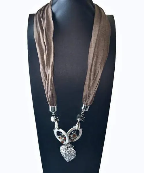 Womens Brown Scarf with Silver Pendant Jewelry