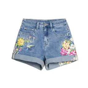 Women's Embroidered Flower Denim Short Jeans Woman Shorts Cute Shorts