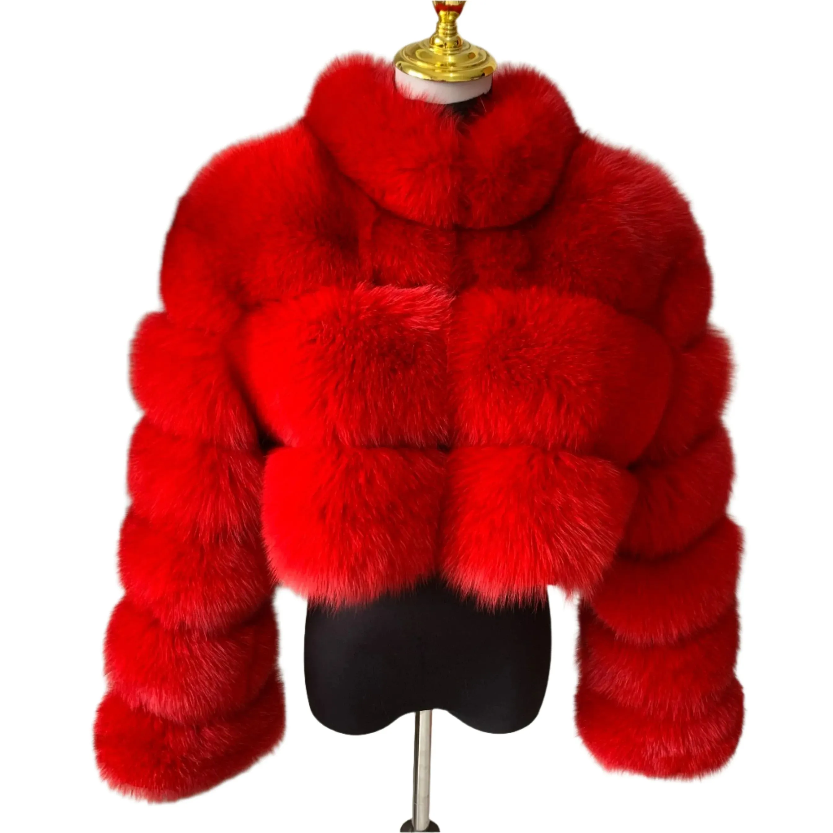 Women's Genuine Fox Fur Cropped Jacket – Warm Winter Fashion with Stand Collar, 100% Natural Fox Fur