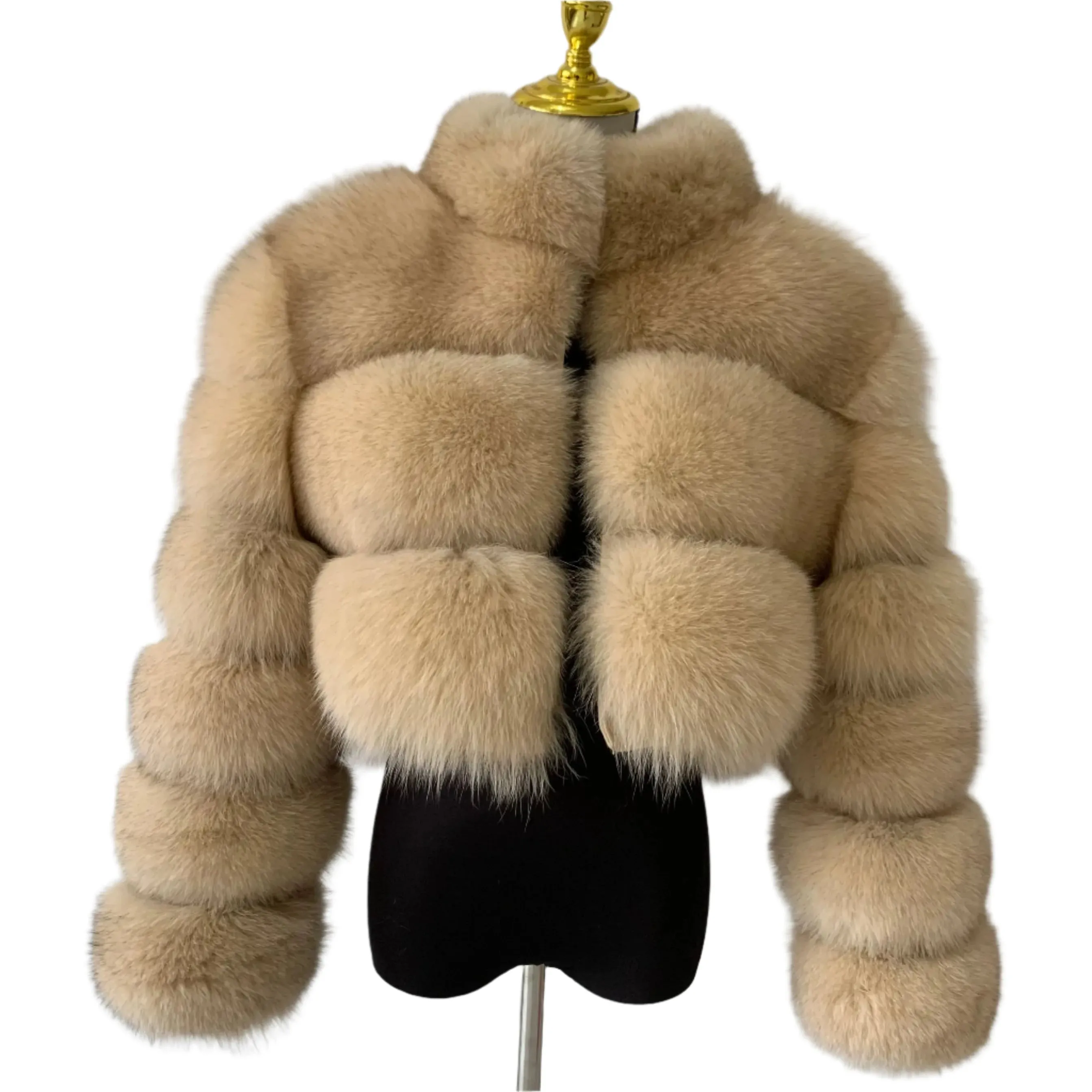 Women's Genuine Fox Fur Cropped Jacket – Warm Winter Fashion with Stand Collar, 100% Natural Fox Fur