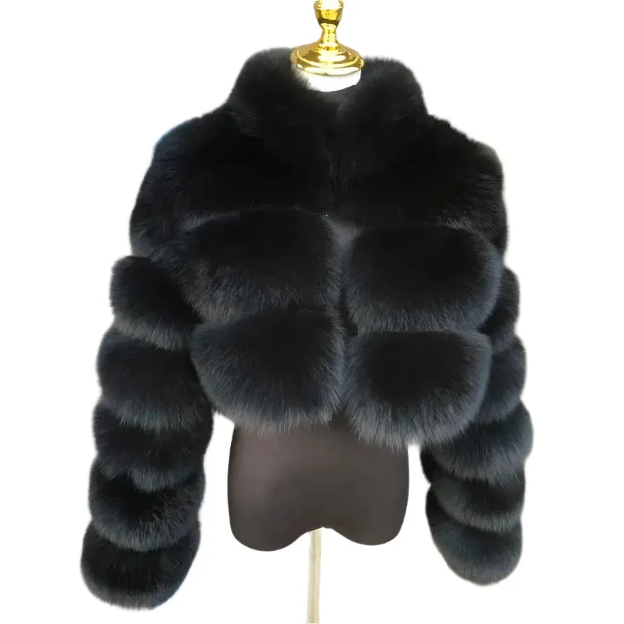 Women's Genuine Fox Fur Cropped Jacket – Warm Winter Fashion with Stand Collar, 100% Natural Fox Fur