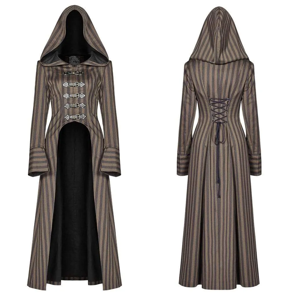 Women's Goth Stripes Hooded Swallow Tailed Overcoat Coffee