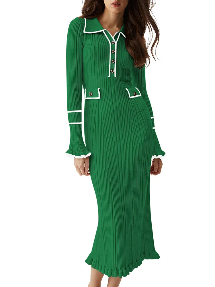 Women's Half Button Collar Sweater Dress Long Sleeve Ruffle Ribbed Knit Maxi Pencil Dress