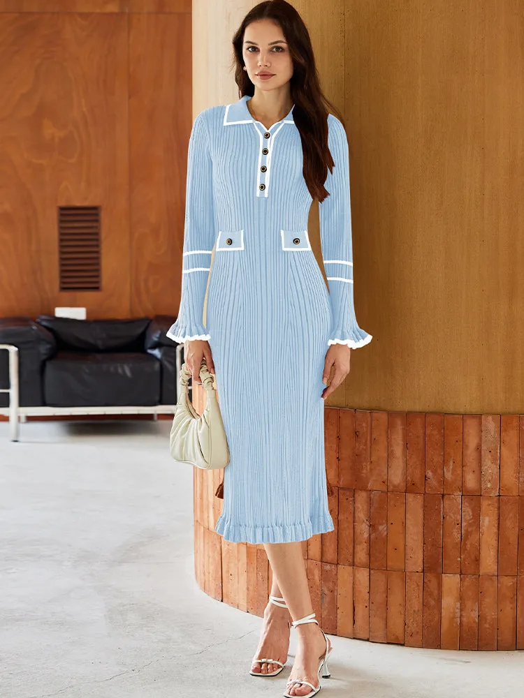 Women's Half Button Collar Sweater Dress Long Sleeve Ruffle Ribbed Knit Maxi Pencil Dress