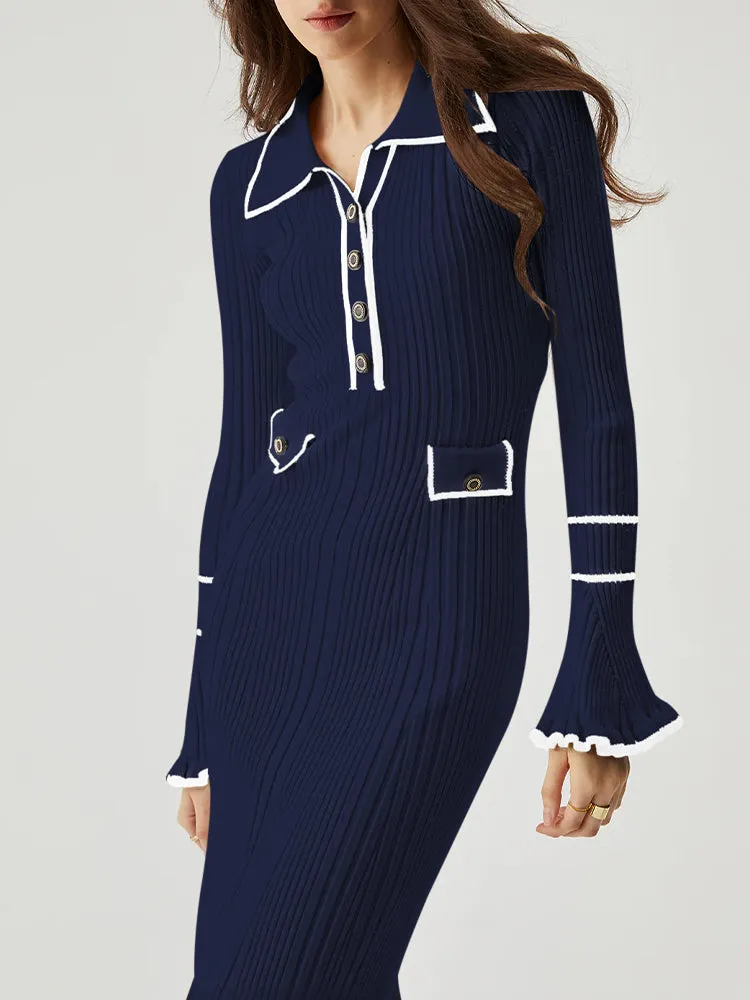 Women's Half Button Collar Sweater Dress Long Sleeve Ruffle Ribbed Knit Maxi Pencil Dress