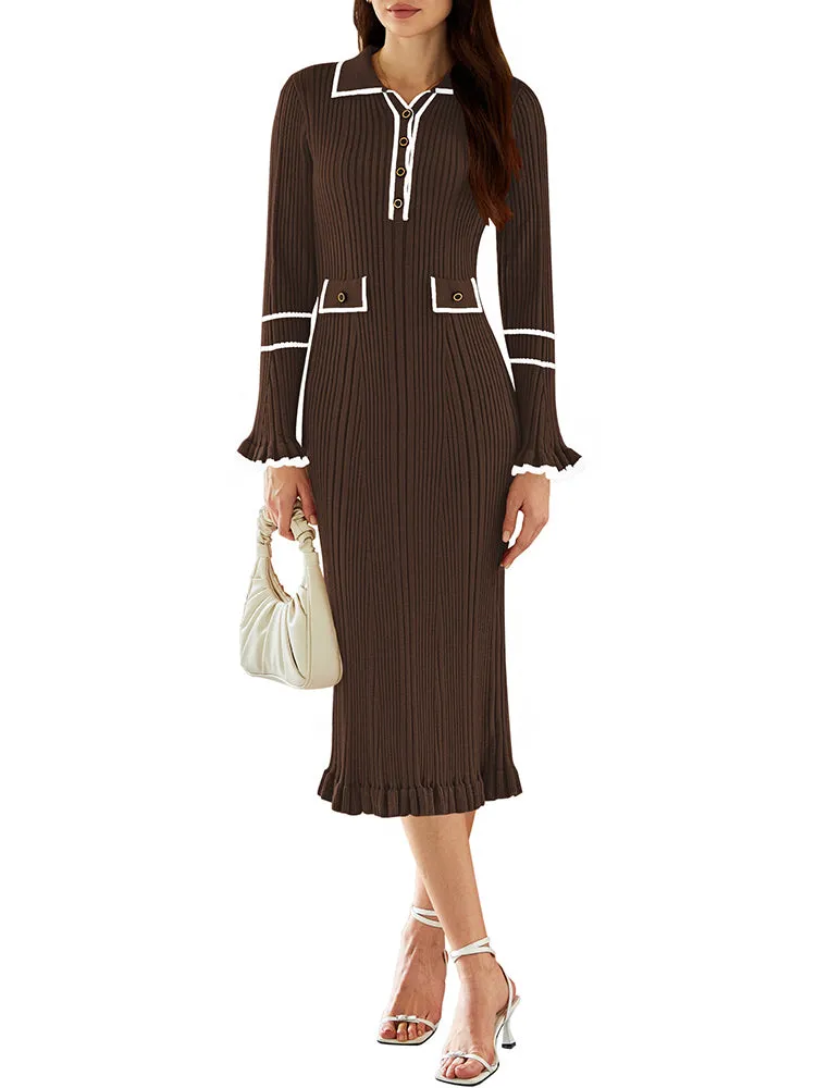 Women's Half Button Collar Sweater Dress Long Sleeve Ruffle Ribbed Knit Maxi Pencil Dress