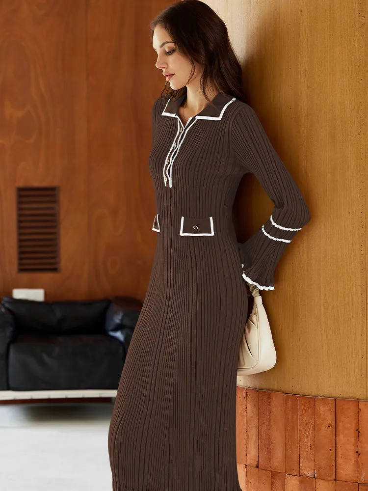 Women's Half Button Collar Sweater Dress Long Sleeve Ruffle Ribbed Knit Maxi Pencil Dress