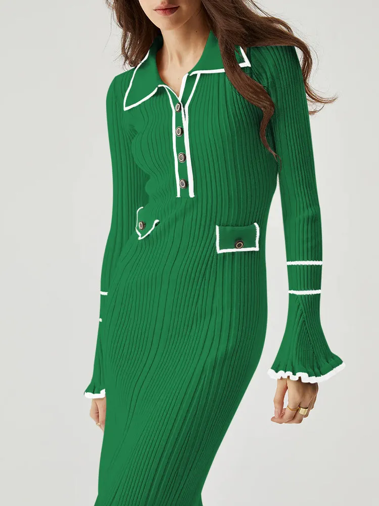 Women's Half Button Collar Sweater Dress Long Sleeve Ruffle Ribbed Knit Maxi Pencil Dress