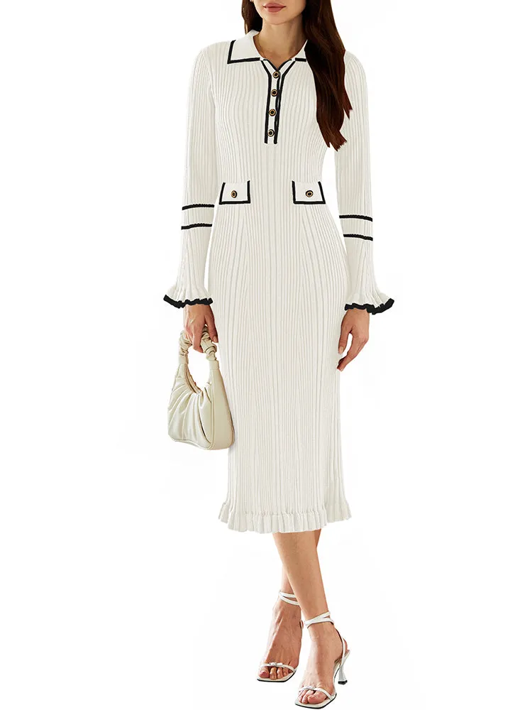 Women's Half Button Collar Sweater Dress Long Sleeve Ruffle Ribbed Knit Maxi Pencil Dress