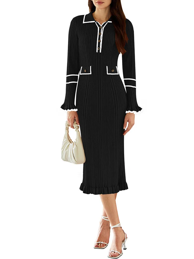 Women's Half Button Collar Sweater Dress Long Sleeve Ruffle Ribbed Knit Maxi Pencil Dress