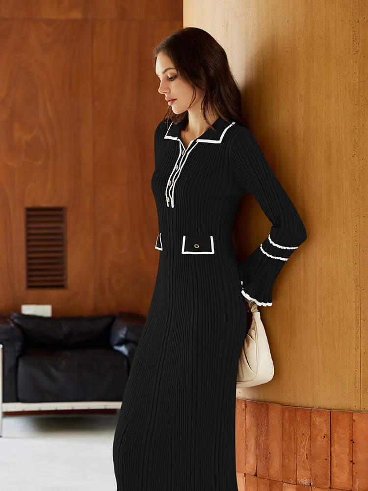 Women's Half Button Collar Sweater Dress Long Sleeve Ruffle Ribbed Knit Maxi Pencil Dress