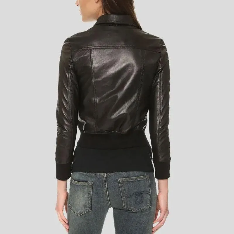 Women's Halle Shirt Collar Black Bomber Leather Jacket