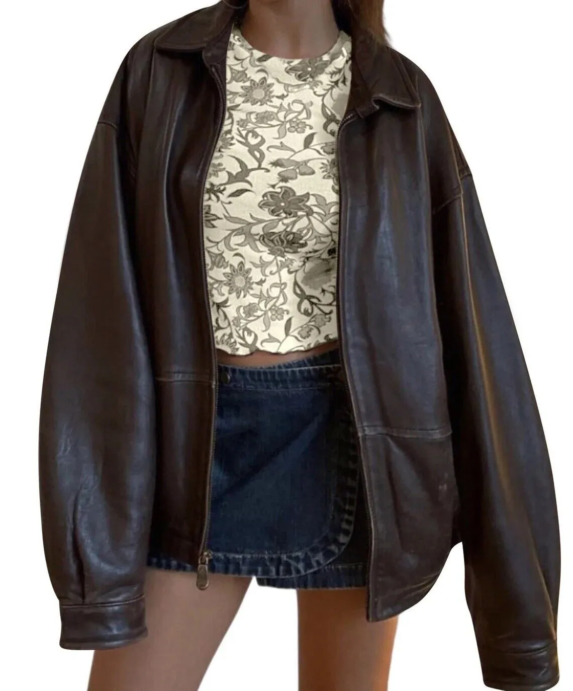 Women's Handmade Oversized Real Leather Vintage Brown Bomber Jacket