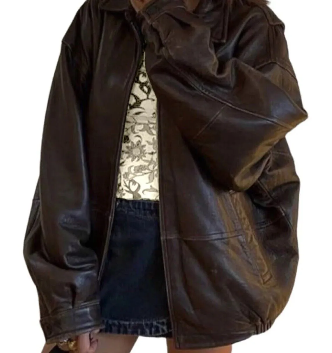 Women's Handmade Oversized Real Leather Vintage Brown Bomber Jacket