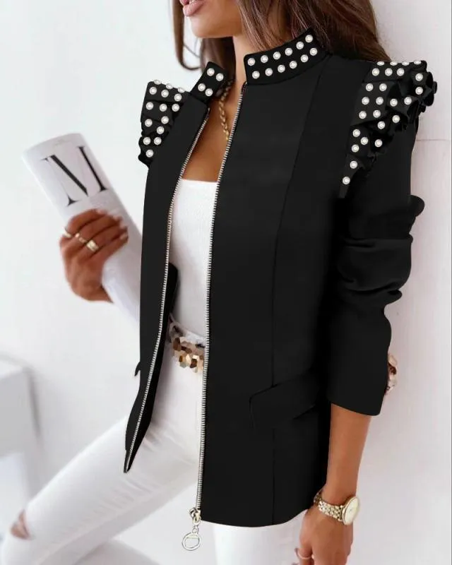 Women's Ruffled Long Sleeve Zipper Print Blazer