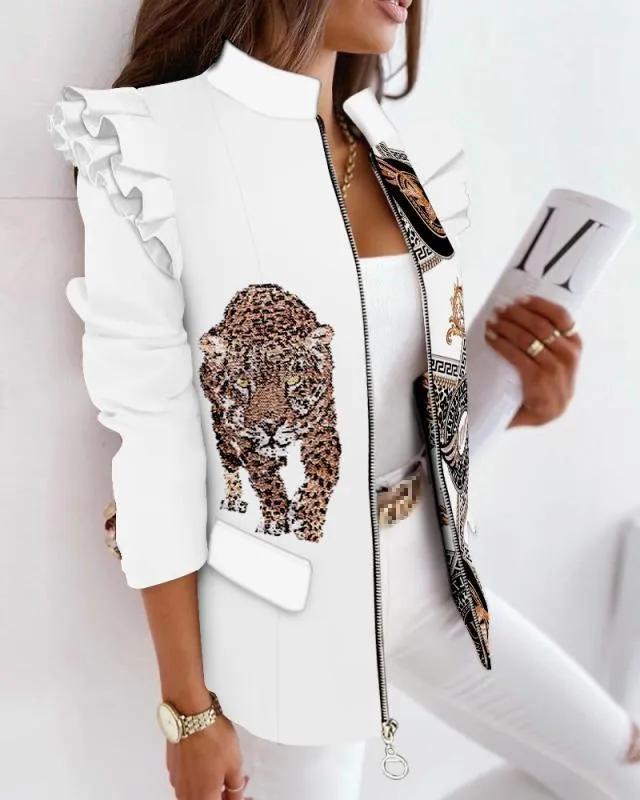 Women's Ruffled Long Sleeve Zipper Print Blazer