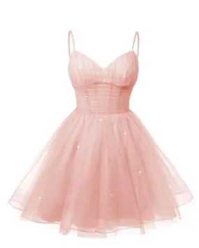 Women's V Neck Tulle Spaghetti Straps Pearl Pink Homecoming Dresses with Corset Back Short Prom Gowns for Teens