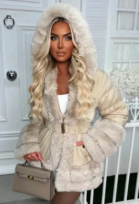 Wrapped In Magic Stone Faux Fur Trimmed Belted Puffer Coat