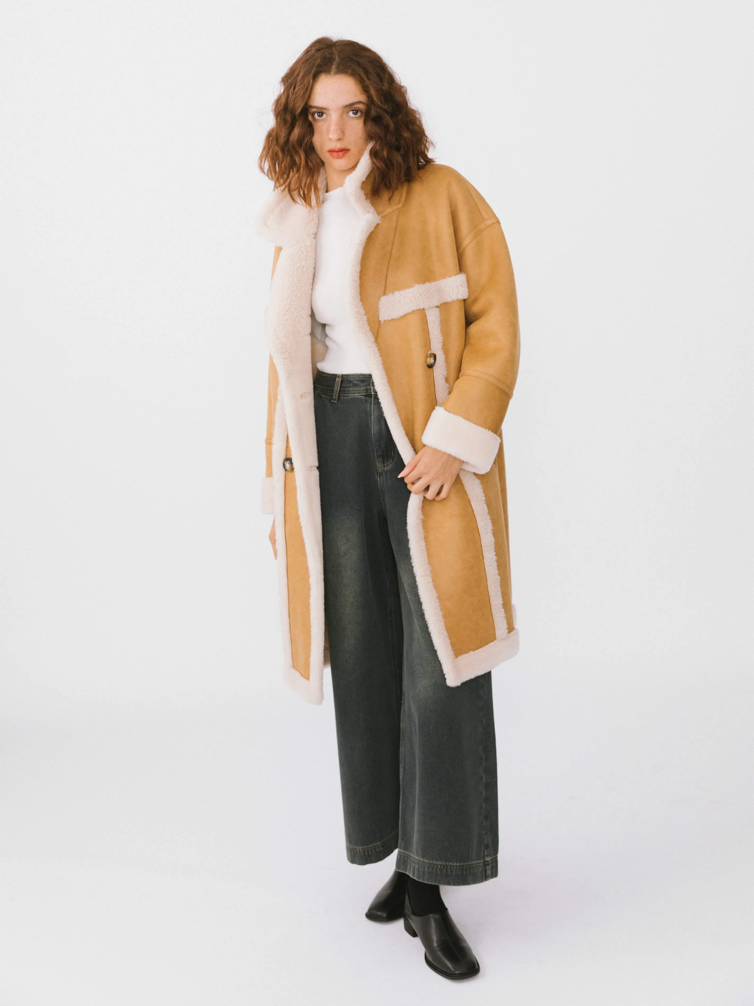 Yellow Faux Leather Sheep Wool Long Coat