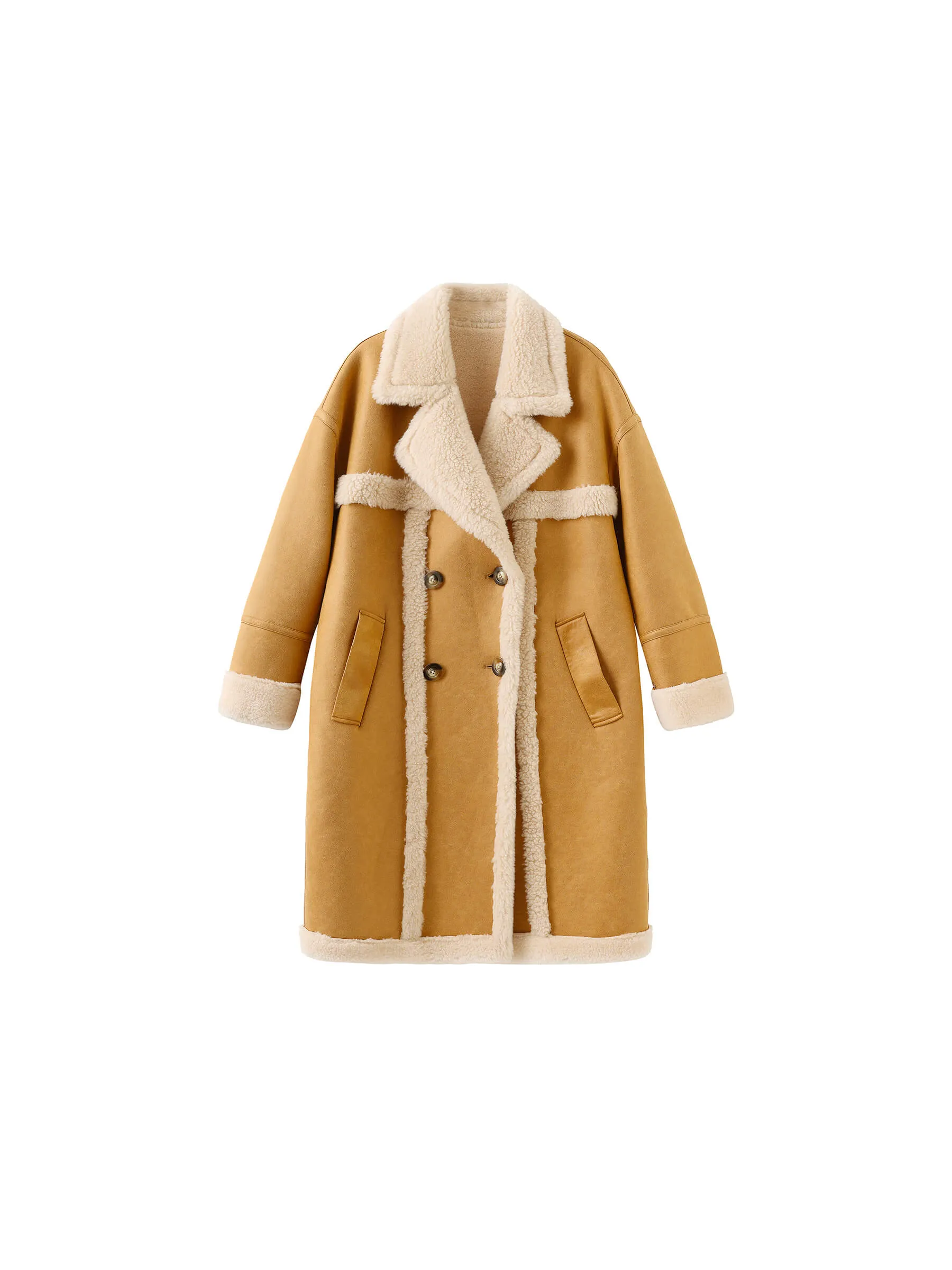 Yellow Faux Leather Sheep Wool Long Coat