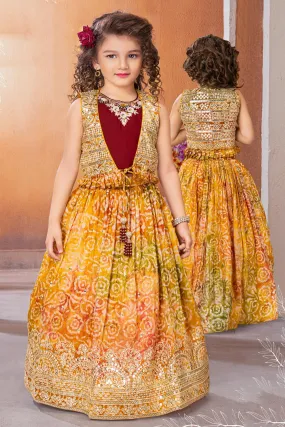 Yellow with Maroon Batik Print Overcoat Styled Lehenga Choli for Girls